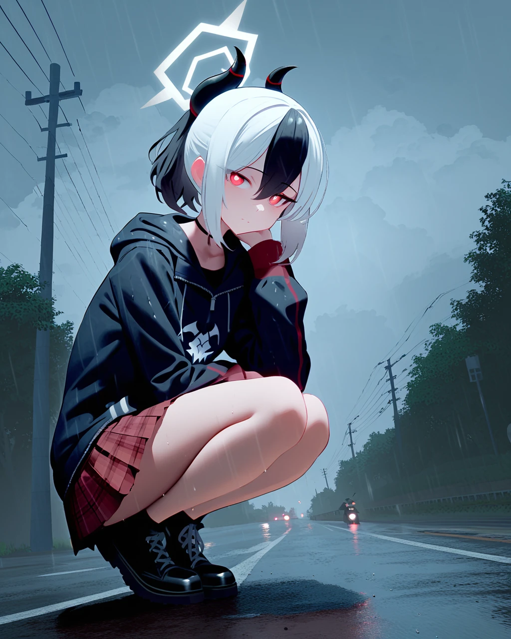 Mrito00, 1girl, rain, horns, skirt, black hair, kayoko (blue archive), squatting, ground vehicle, motor vehicle, hood, outdoors, multicolored hair, plaid skirt, hoodie, red skirt, solo, halo, black hoodie, looking at viewer, red eyes, lamppost, power lines, white hair, plaid, ponytail, utility pole, black footwear, two-tone hair, sky, bangs, motorcycle, miniskirt, cloud, cloudy sky, pleated skirt, glowing eyes, night, glowing, long sleeves, shoes, choker, closed mouth, pink eyes, wet, full body, medium hair, bare legs, hood down, hair between eyes, boots