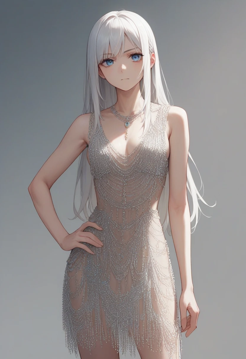 score_9, score_8_up, score_7_up, score_6_up, source_anime, <lora:beaded_dress_v0.1-pony:1>
1girl, long hair, blue eyes, white hair,
beaded dress, cowboy shot, hand on own hip,