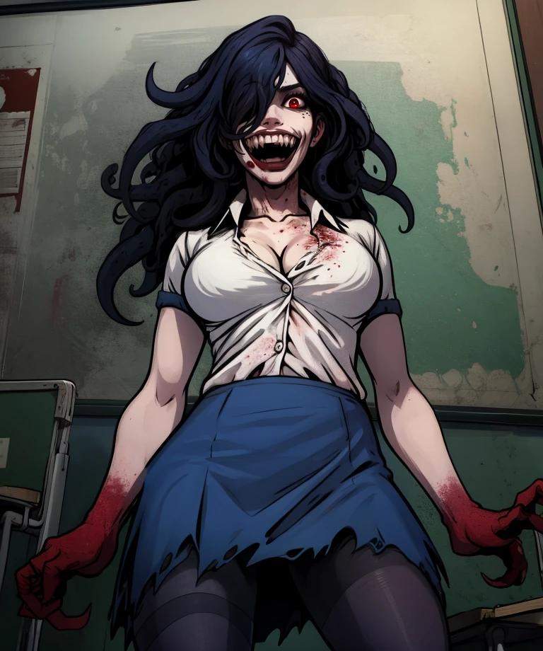 <lora:Everly Heights Comics:1> A 1990s high school attractive teacher with a perm hanging on a chain, wearing a patterned sweater vest over a collared shirt, shouting for her zombie students below to save her.