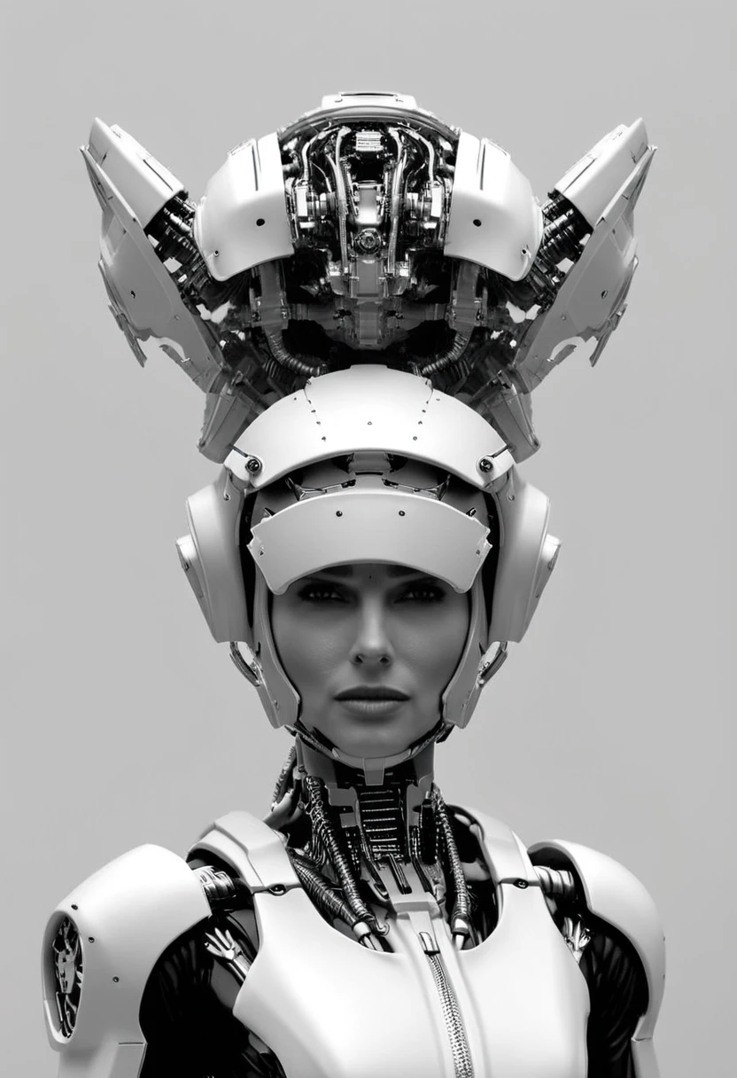 cinematic film still a woman with a helmet on her head , solo, simple background, monochrome, upper body, greyscale, grey background, no humans, robot, mecha, zipper, machinery, science fiction, shallow depth of field, vignette, highly detailed, high budget Hollywood film, cinemascope, moody, epic, gorgeous, 