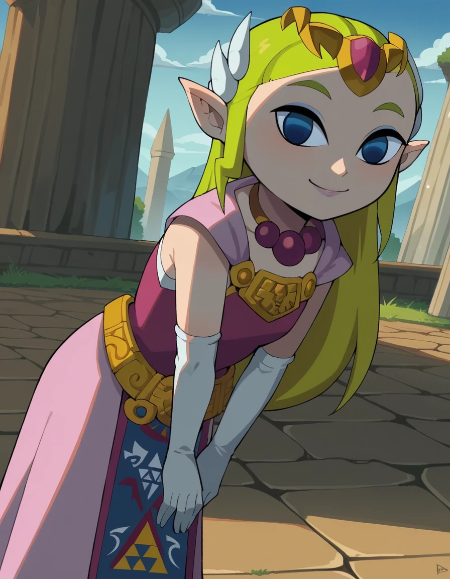 score_9, score_8_up, score_7_up, source_anime,
princesszelda, <lora:toon-zelda-ingame-ponyxl-lora-nochekaiser:0.8>,
zelda, long hair, blue eyes, blonde hair, pointy ears, empty eyes, princess zelda,
gloves, dress, jewelry, elbow gloves, belt, necklace, tiara, pink dress, triforce,
outdoors, landscape, smile, bent over,
looking at viewer, solo, dutch angle, cowboy shot,