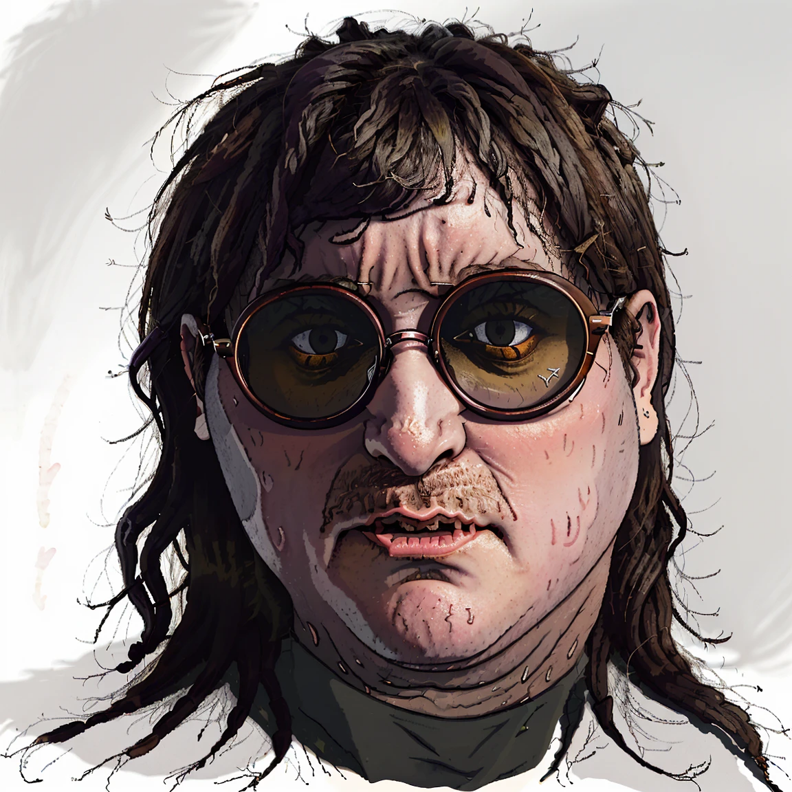 john lennon, glasses, strong shadows, tired, bags under eyes,  flat colors, angry, <lora:justaworm_v1:1.4>, justaw0rm, ((sweat)), (greasy), solo, portrait, white background, simple background,