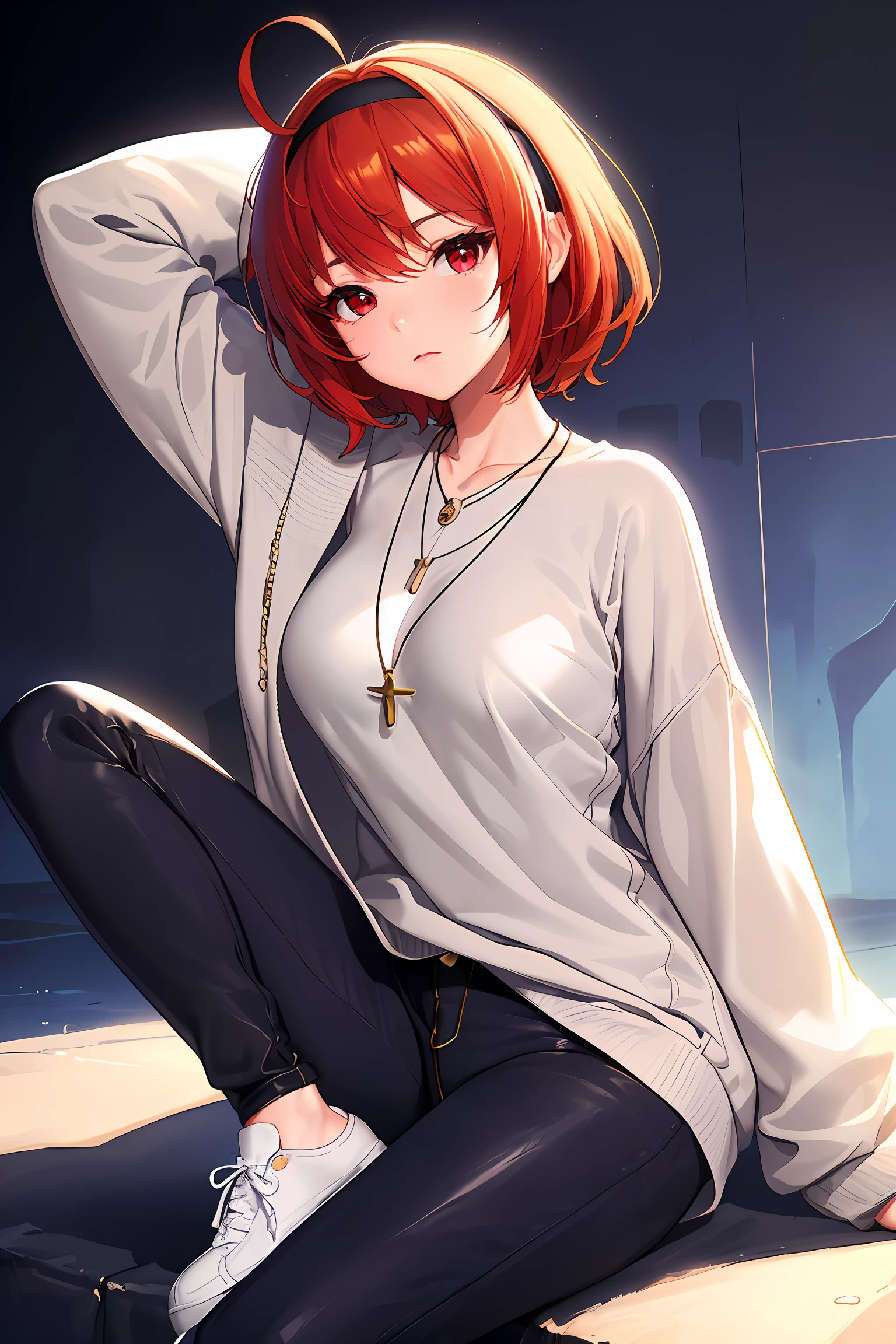 masterpiece, best quality, anime, bishojo, 1girl,solo, upper body, looking at viewer, middle breasts, slender, short hair, twin ahoge, red hair,red eyes, hairband, ((Casual Sophistication: Early 20s woman opts for a relaxed yet chic style, donning a light gray, oversized sweater with a V-neck and long sleeves. She pairs it with high-waisted, ankle-length black jeans and accessorizes with a silver pendant necklace and white sneakers.)) <lora:summon:0.6>