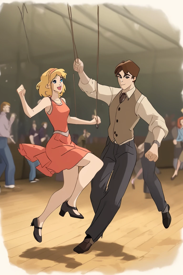 a young couple in their thirty's doing the swing dance, kicking and all, realistic picture
,Spec Style<lora:EMS-381670-EMS:1.000000>