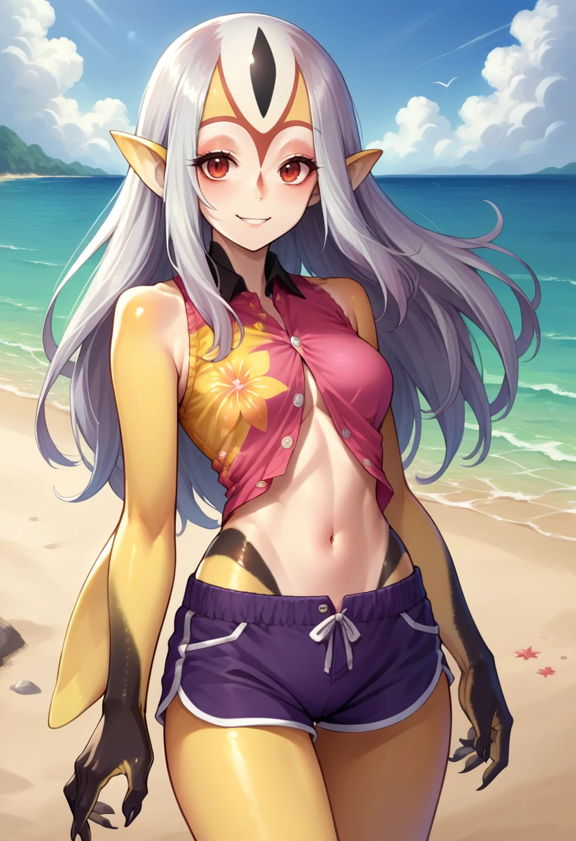 score_9, score_8_up, source_anime, 1girl, solo, Mutio, white hair, long hair, monster girl, multicolored skin, yellow skin, black hands, hawaiian shirt, dress shirt, unbuttoned, multicolored shirt, purple shorts, dolphin shorts, smile, outdoors, beach, <lora:ChamMutioPonyXL:1>