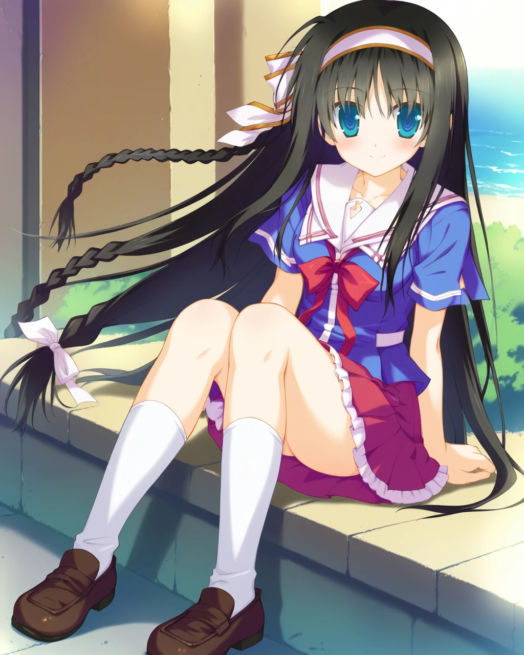 score_9, source_anime, <lora:irosekaclean-000064:1> kisaragi mio, blue eyes, black hair, long hair, braid, white hairband, white hair ribbon, school uniform, loafers, white kneehighs, solo, smile, blush, BREAK