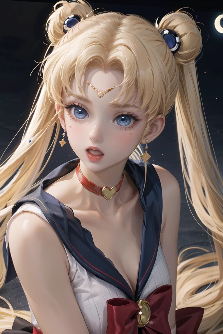 (masterpiece),best quality,anime screencap,anime coloring,anime style,katou megumi,1girl,solo,tsukino usagi,blonde hair,sailor moon,sailor senshi uniform,blue eyes,blue sailor collar,sailor collar,earrings,long hair,crescent earrings,twintails,jewelry,crescent,gloves,choker,double bun,white gloves,moon,hair bun,v,upper body,red choker,collarbone,red bow,looking at viewer,open mouth,bow,magical girl,hair ornament,:o,elbow gloves,circlet,crescent moon,bangs,short sleeves,bowtie,white shirt,