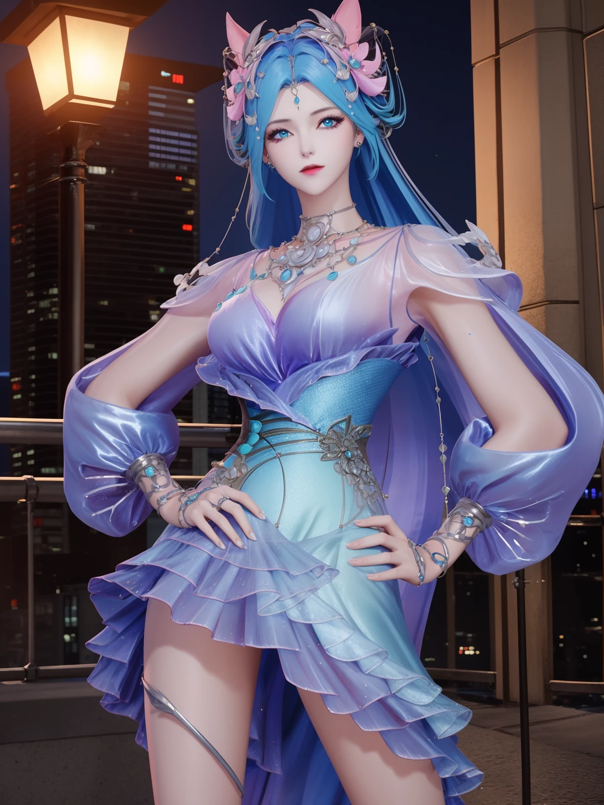 WZRYdiaochanHQG, 1girl, blue hair, solo, dress, bare legs, long hair, blue eyes, hair ornament, looking at viewer, jewelry, high heels,necklace,puffy long sleeves, <lora:WZRYdiaochanHQG:0.75>,cityscape, night,