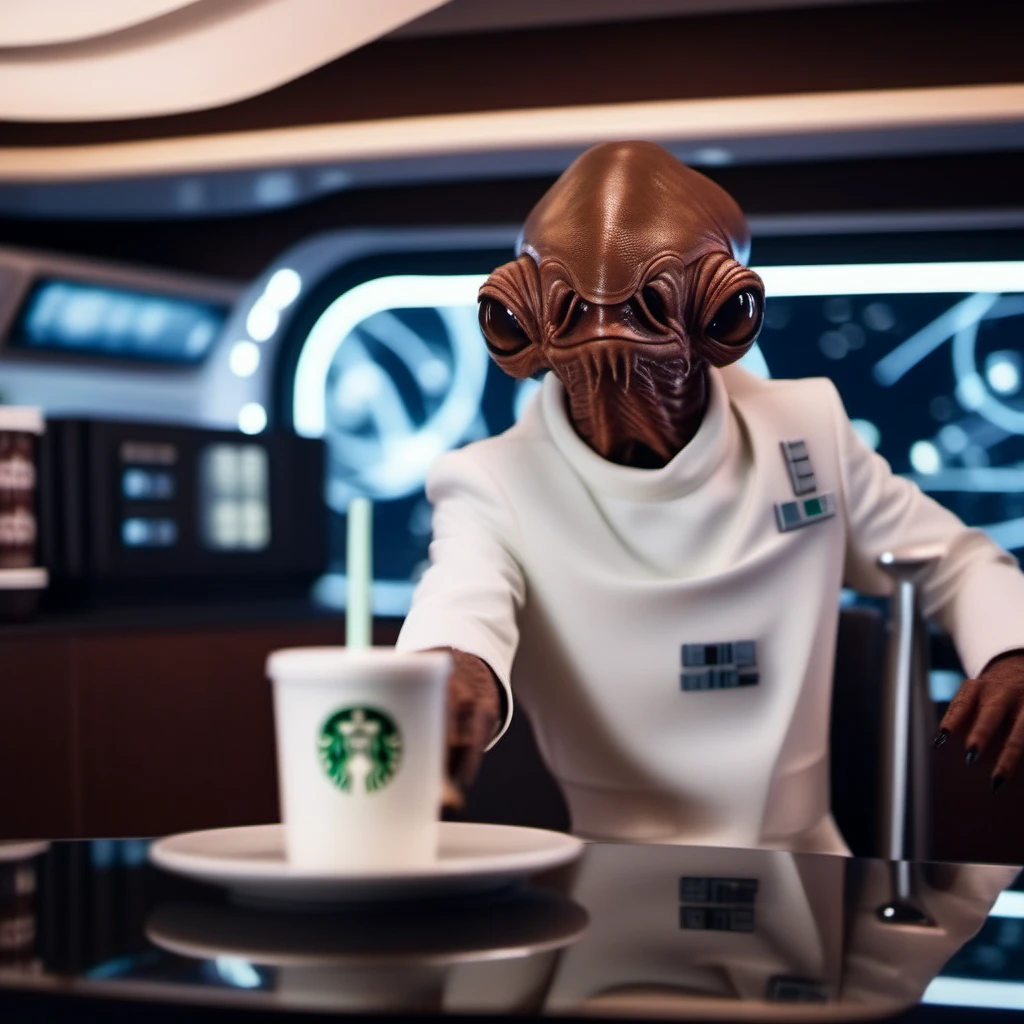 cinematic photo a brown skin alien with a strange looking face, star wars, white suit,
serves Starbucks coffees, spaceship <lora:AmiralAckbar1024:0.9> . 35mm photograph, film, bokeh, professional, 4k, highly detailed