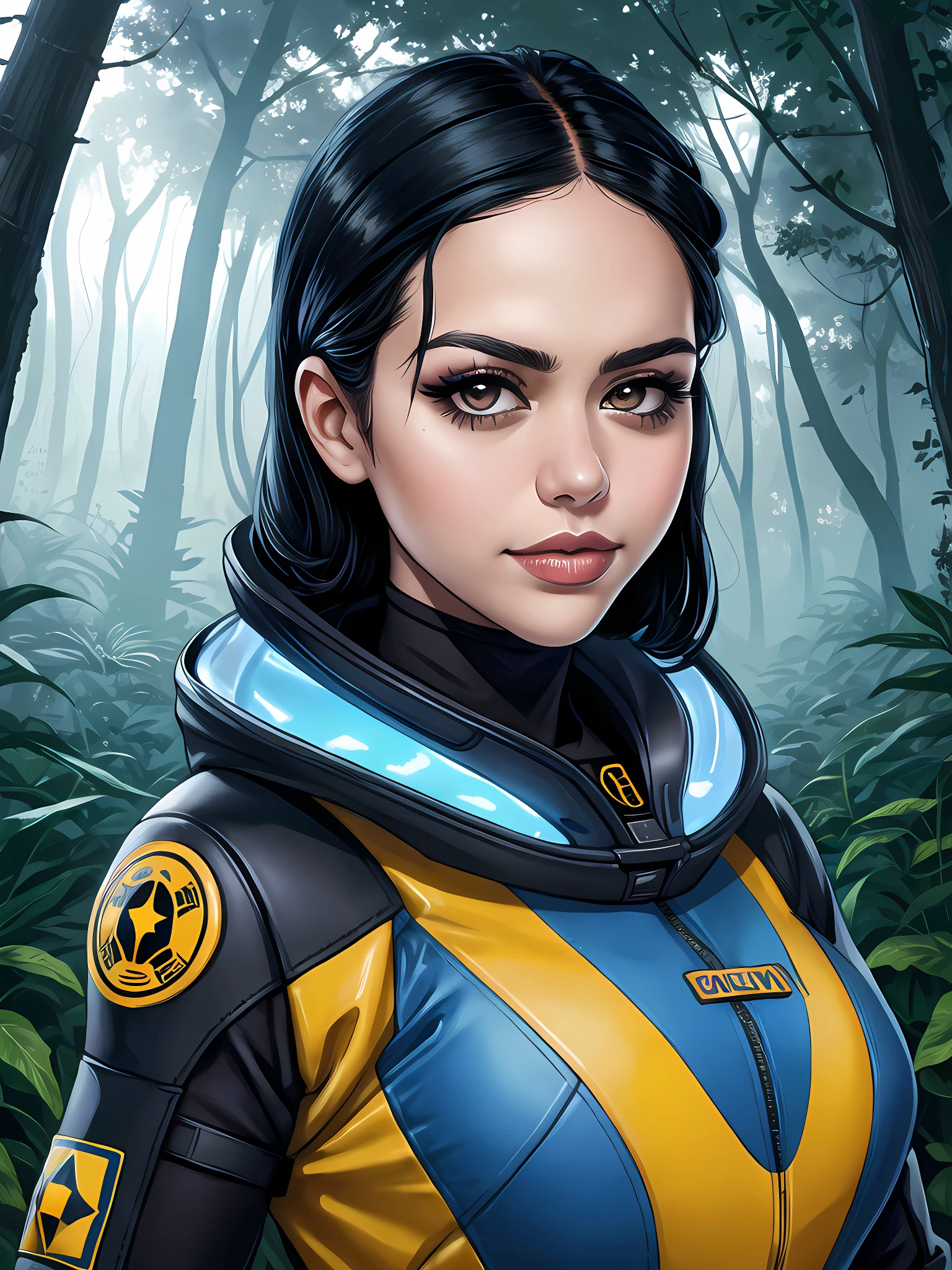 close-up portrait photo of 4lyss4D14z_V1-Emb , wearing a futuristic spacesuit, makeup, mascara, eyeshadow, in the middle of a fantasy forest at night, 8k uhd, high quality, dramatic, dramatic lighting, realistic , lifelike texture