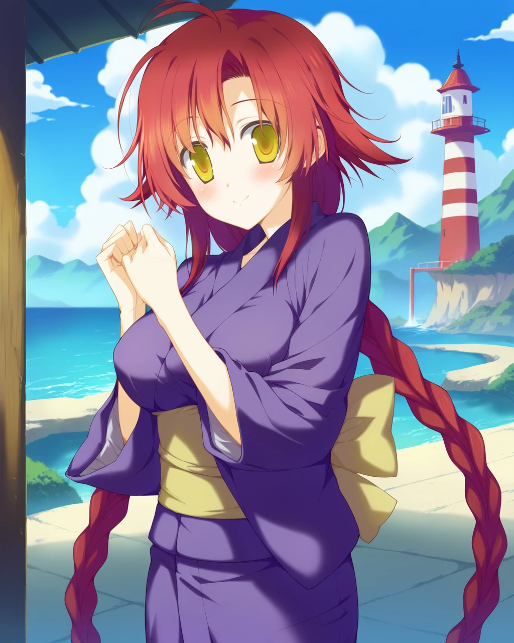 score_9, source_anime, <lora:irosekaclean-000064:1> minami kana, yellow eyes, red hair, ahoge, hair flaps, long hair, large breasts, twin braids, white hairbow, purple kimono, obi, furisode, zouri, solo, smile, blush, BREAK lighthouse,