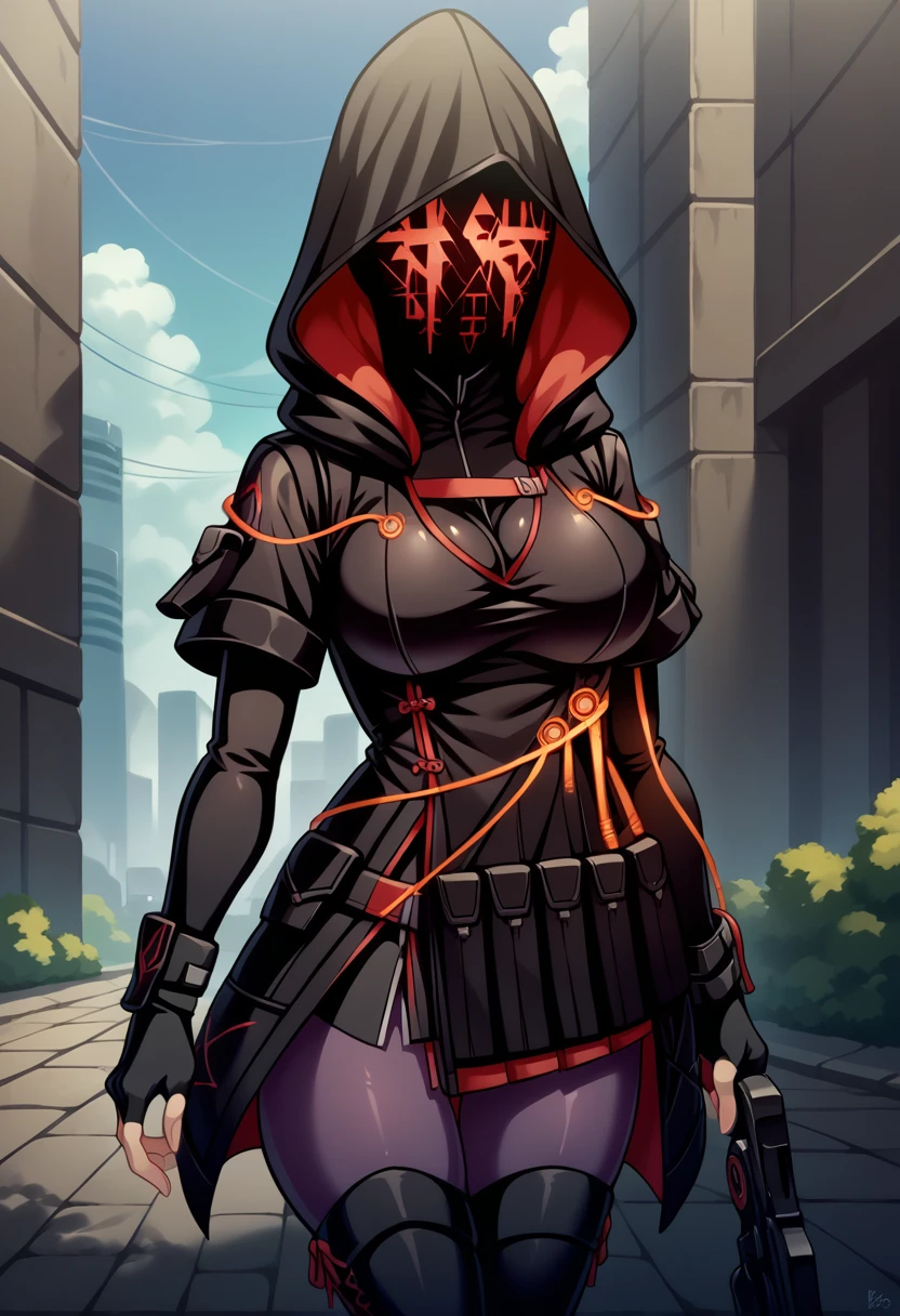 score_9, score_8_up, score_7_up, source_anime, BREAK 1girl, solo, cowboy shot, looking at you, holding crossbow, <lora:KyokaSN-pdxl:1> defKyoka, hood up, covered face, mask, black hooded jacket, cables, short sleeves, black bodysuit, large breasts, black gloves, fingerless gloves, purple pantyhose, black thighhighs, outdoors, science fiction, cityscape