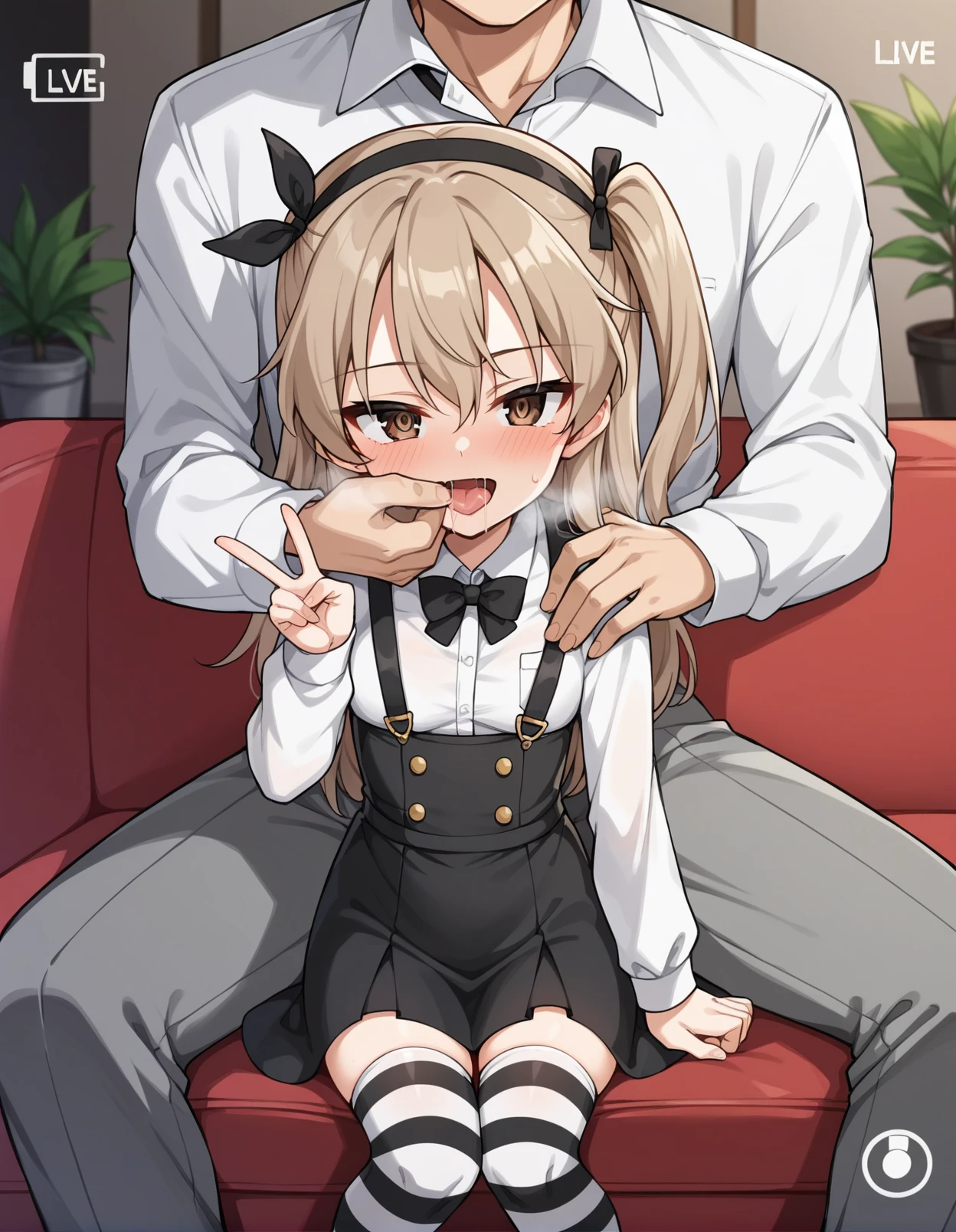 score_9, score_8_up, score_7_up, source_anime, rating_safe, BREAK <lora:arisuShimadaXL_LoRA-C3Lier_AdamW_Dim8_Alpha8_UN-3e-4_TE-1.5e-4_10batch_ponyDiffusionV6XL_v6StartWithThisOne:1>, shimada arisu, 1girl, brown eyes, long hair, light brown hair, one side up, small breasts, hair ribbon, black ribbon, black hairband, black bowtie, white shirt, collared shirt, long sleeves, suspenders, suspender skirt, high-waist skirt, black skirt, striped thighhighs, drunk, blush, blank eyes, heavy breathing, sitting, saliva trail, multiple boys, 2boys, faceless male, height difference, hand on another's shoulder, finger in another's mouth, v, livestream, couch, potted plant, shelf