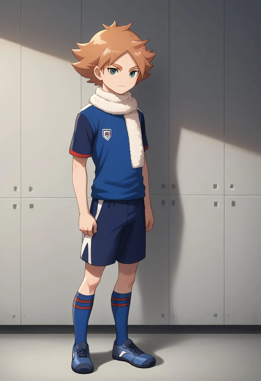 score_9, score_8_up, source_anime, highly detailed, 1boy, solo, male_focus, slender, skinny,
aiden, 1boy, male focus, solo, scarf, sportswear, orange hair, white scarf, soccer uniform, blues socks, choes, full body,
indoor, wall,