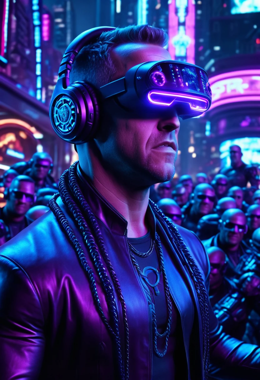 cinematic film still cyberpunk, concept art, cyborg (Ryan Reynolds:1.3) , big headset, background is night city, neon-lit Troubadour, surrounded by a group of Pictorial Males, Medallion, intimate scenes, playful poses, dark purple shadows, romantic narratives, subtle and intimate moments, Scottish portraits, unfussy, neon hue, shadowrun, shallow depth of field, vignette, highly detailed, high budget Hollywood film, cinemascope, moody, epic, gorgeous, 