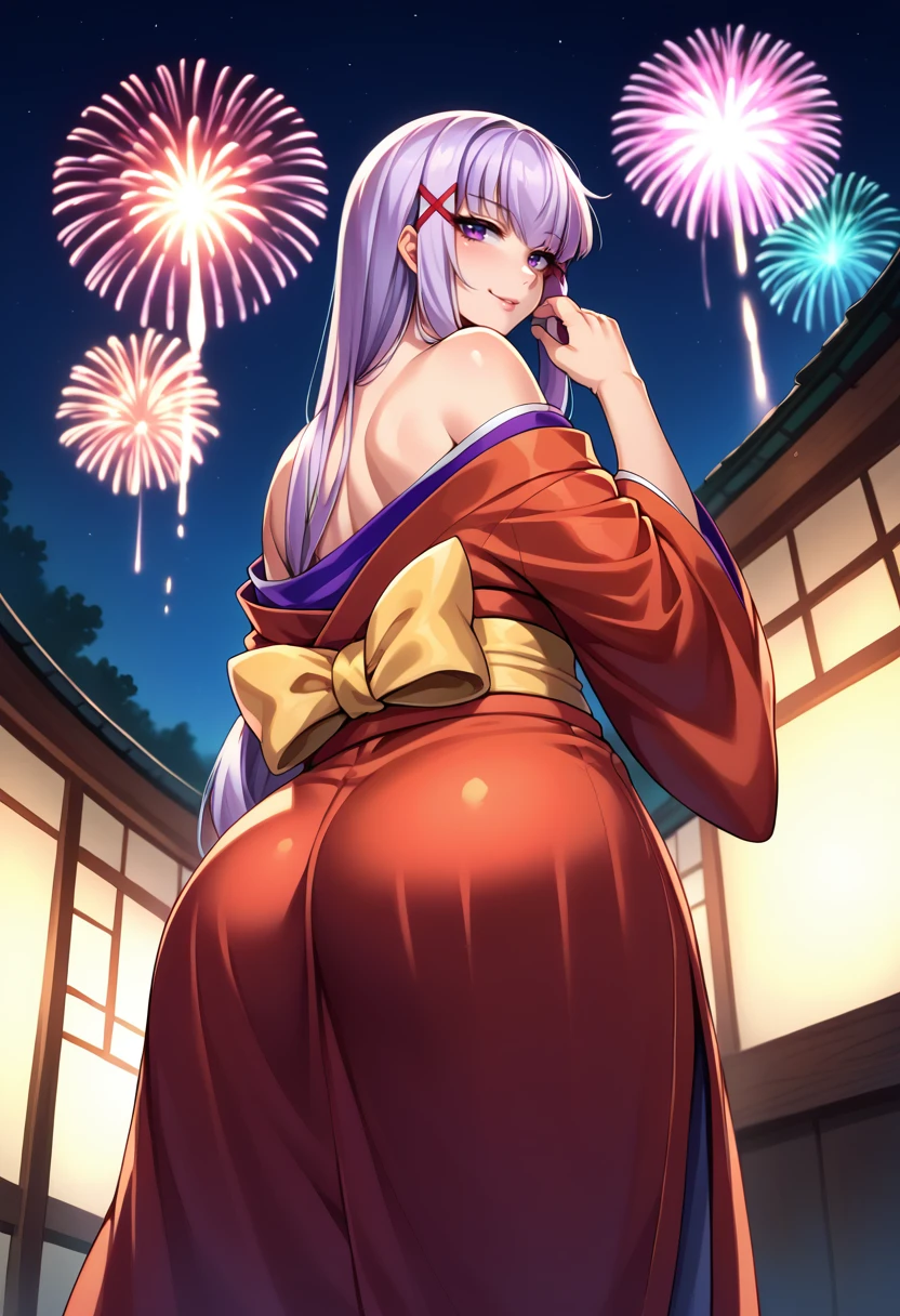 score_9,score_8_up,score_7_up BREAK 1girl,jeloejsk,solo,night,from below,fireworks,light purple hair,purple eyes,x hair ornament,low-tied long hair,kimono,off shoulder,looking back,seductive smile,<lora:Enjou_Sakuya-JeloXL-000004:1>,