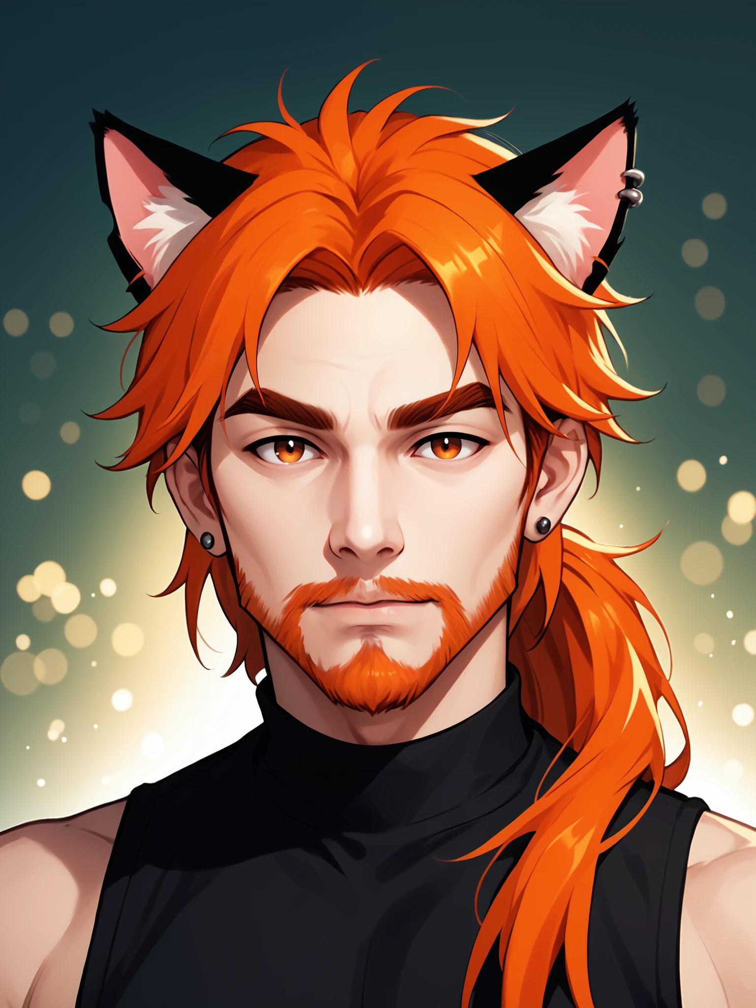 1boy, male focus, facial hair, animal ears, solo, beard, orange hair, looking at viewer, upper body, jewelry, earrings, orange eyes, brown eyes, long hair, sleeveless, thick eyebrows, piercing, cat ears, ponytail, osenayan, DynaPortrait_PDXL , BREAK PonyXLV6_Scores