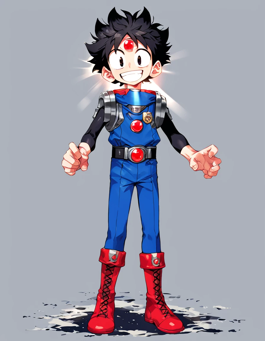 score_9, source_anime, rating_safe BREAK 1boy, solo,
kanata,  black hair, short hair, black eyes, big eyes, wide-eyed, messy hair, spiked hair, silver armer, silver shoulder arms, black long sleeve, chest round red gem,forehead round red gem, belt round red gem, blue and white bodysuit, emblem, badge, red boots,
beach shore, sunny, barefoot, smile, sunbeam, lens flare <lora:ichibanyu-no-kanata:4.5>