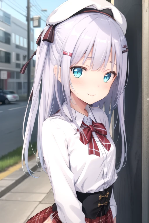 ((masterpiece)),(best quality),official art,extremely delicate and beautiful,extremely detailed CG,unity 8k wallpaper,ultra detailed,beautiful detailed eyes,extremely detailed face,outdoors,1girl,solo,upper body,(portrait:1.5),looking at viewer,facing viewer,smile,(petite:1.2),Koharu,white beret,very long hair,light purple hair,two side up,floating hair,hair bow,black bow,hairclip,hair ribbon,black ribbon,hair ornament,sidelocks,blunt bangs,aqua eyes,school uniform,white shirt,collared shirt,dress shirt,red bowtie,striped bowtie,long sleeves,small breasts,corset,underbust,buttons,miniskirt,red skirt,plaid skirt,pleated skirt,frilled skirt,zettai ryouiki,white thighhighs,loafers,<lora:Koharu(s-n):0.8>,