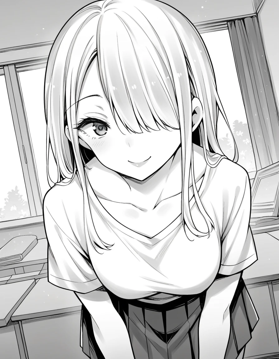 score_9, score_8_up, score_7_up, source_anime,
rumitakahashi, <lora:rumi-takahashi-manga-ponyxl-lora-nochekaiser:1>,
rumi takahashi, long hair, hair over one eye, monochrome, greyscale,
skirt, shirt, collarbone, short sleeves, pleated skirt,
indoors, bent over, smile,
looking at viewer, solo, cowboy shot, dutch angle,