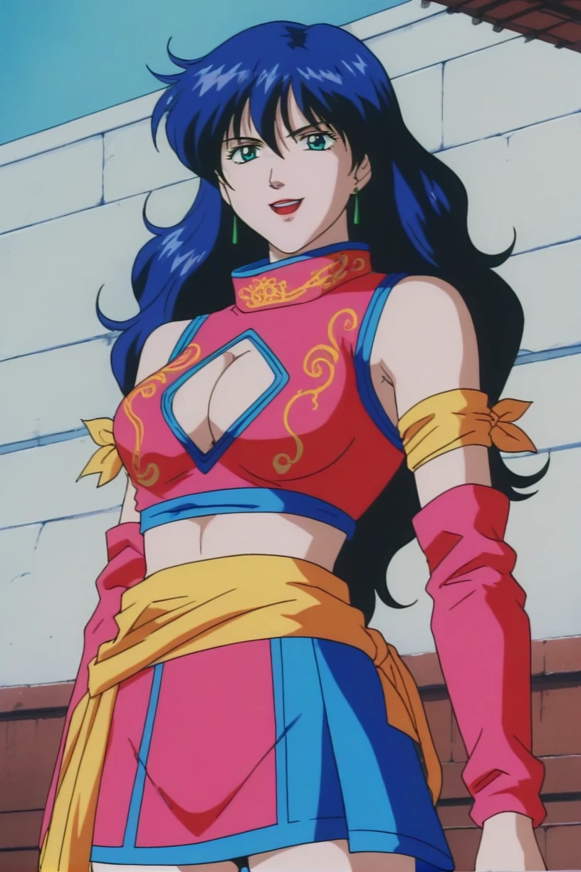 best quality,masterpiece,looking at viewer,absurdres,1girl,score_9,score_8_up,score_7_up,source_anime BREAK <lora:022-ä¸­åå°å½å®¶-åæ©XLV1:0.8>,retro artstyle,1990s \(style\),shan,blue hair,green eyes,long hair,shan,blue hair,green eyes,lipstick,long hair,red lips,earrings,makeup,crop top,chinese clothes,pink crop top,pink chinese clothes,bare shoulders,detached sleeves,arm strap,clothing cutout,cleavage cutout,skirt,pink skirt,cowboy shot