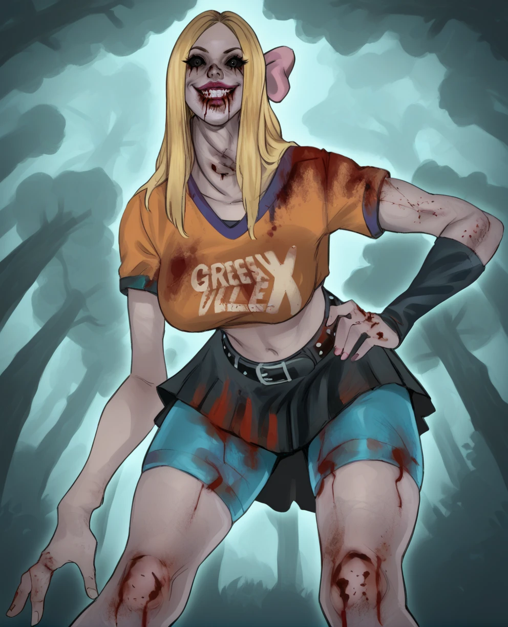 score_3_up,score_4_up,score_5_up,solo,unknownpep,blonde hair,black eyes,black sclera,long hair,hair bow,orange shirt,midriff,belt,skirt,forest,lips,looking at viewer,lipstick,teeth,smile,from below,single elbow glove,blue bike shorts,blood on clothes,leaning forward,
<lora:unknownPepxl:1>,    leaning forward,