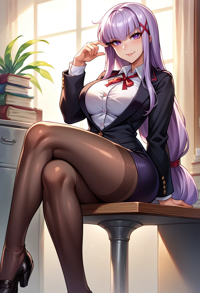 score_9,score_8_up,score_7_up BREAK 1girl,jeloejsk,solo,office,desk,sitting,crossed legs,light purple hair,purple eyes,x hair ornament,low-tied long hair,collared shirt,white shirt,black jacket,pencil skirt,black pantyhose,looking at viewer,seductive smile,<lora:Enjou_Sakuya-JeloXL-000004:1>,