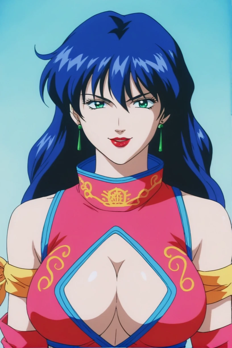 best quality,masterpiece,looking at viewer,absurdres,1girl,score_9,score_8_up,score_7_up,source_anime BREAK <lora:022-ä¸åå°å½å®¶-åæ©XLV1:0.8>,retro artstyle,1990s \(style\),shan,blue hair,green eyes,long hair,pink chinese clothes,pink crop top,bare shoulders,lipstick,detached sleeves,clothing cutout,cleavage cutout,arm strap,red lips,makeup,crop top,cleavage,earrings,breasts,