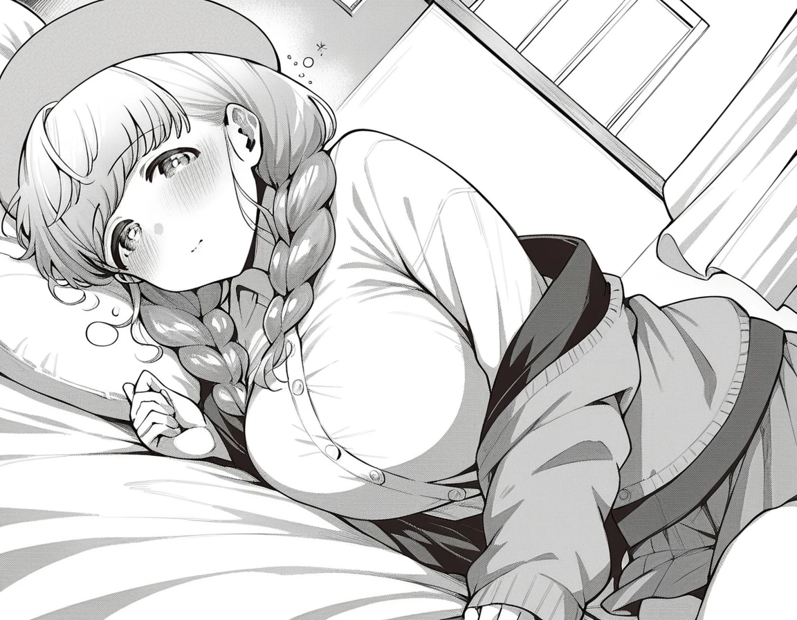 score_9, score_8_up, score_7_up, source_anime,
heriohanamori, <lora:herio-hanamori-manga-ponyxl-lora-nochekaiser:1>,
hanamori, long hair, bangs, braid, twin braids, large breasts, monochrome, greyscale,
skirt, shirt, hat, cardigan,
indoors, bed, bed room, on side, blush, drunk,
looking at viewer, solo, cowboy shot, dutch angle,