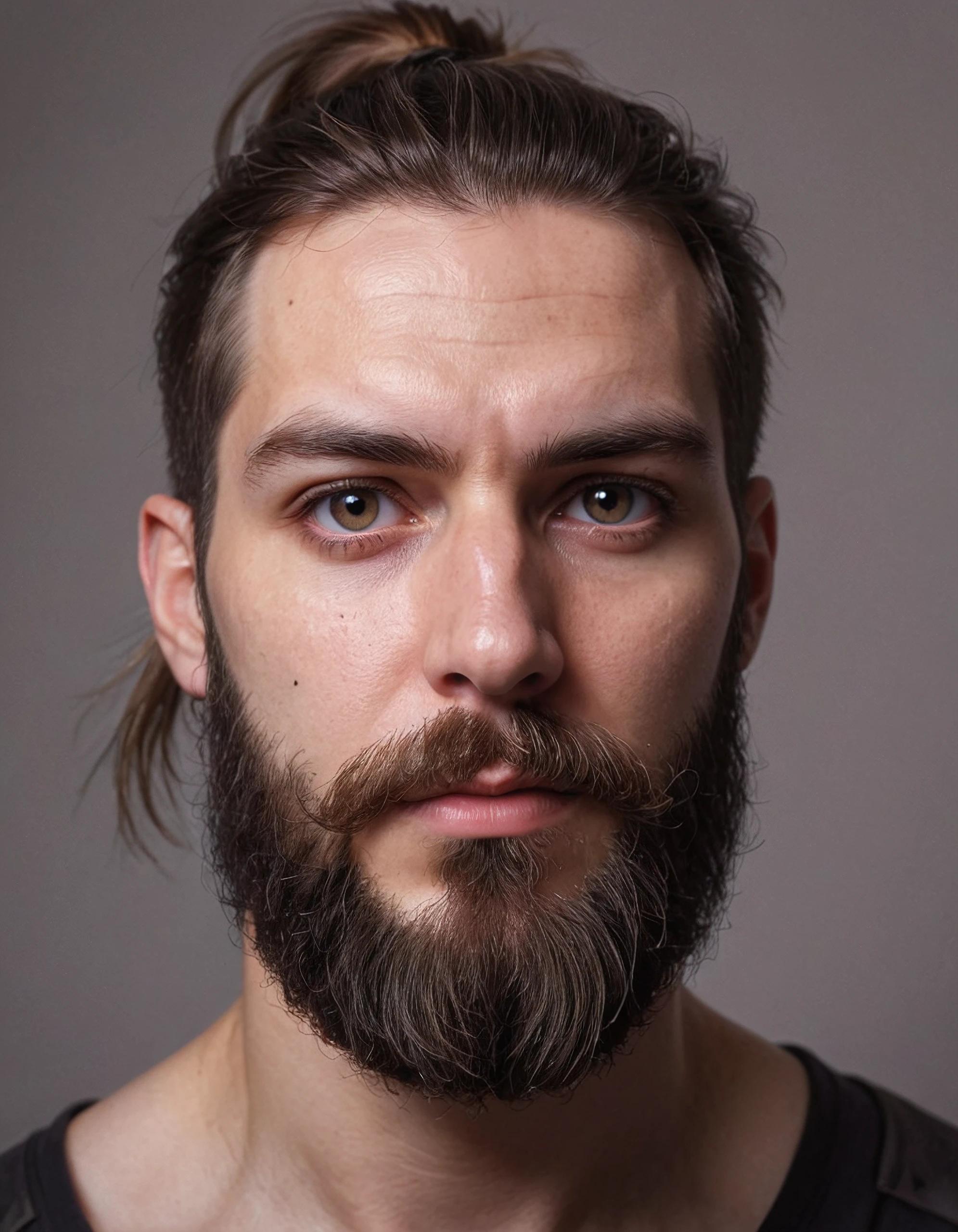 realistic face of a Twitch streamer, in front of plain wall, looking into camera, reflection of ring light in eyes, big beard, ponytail