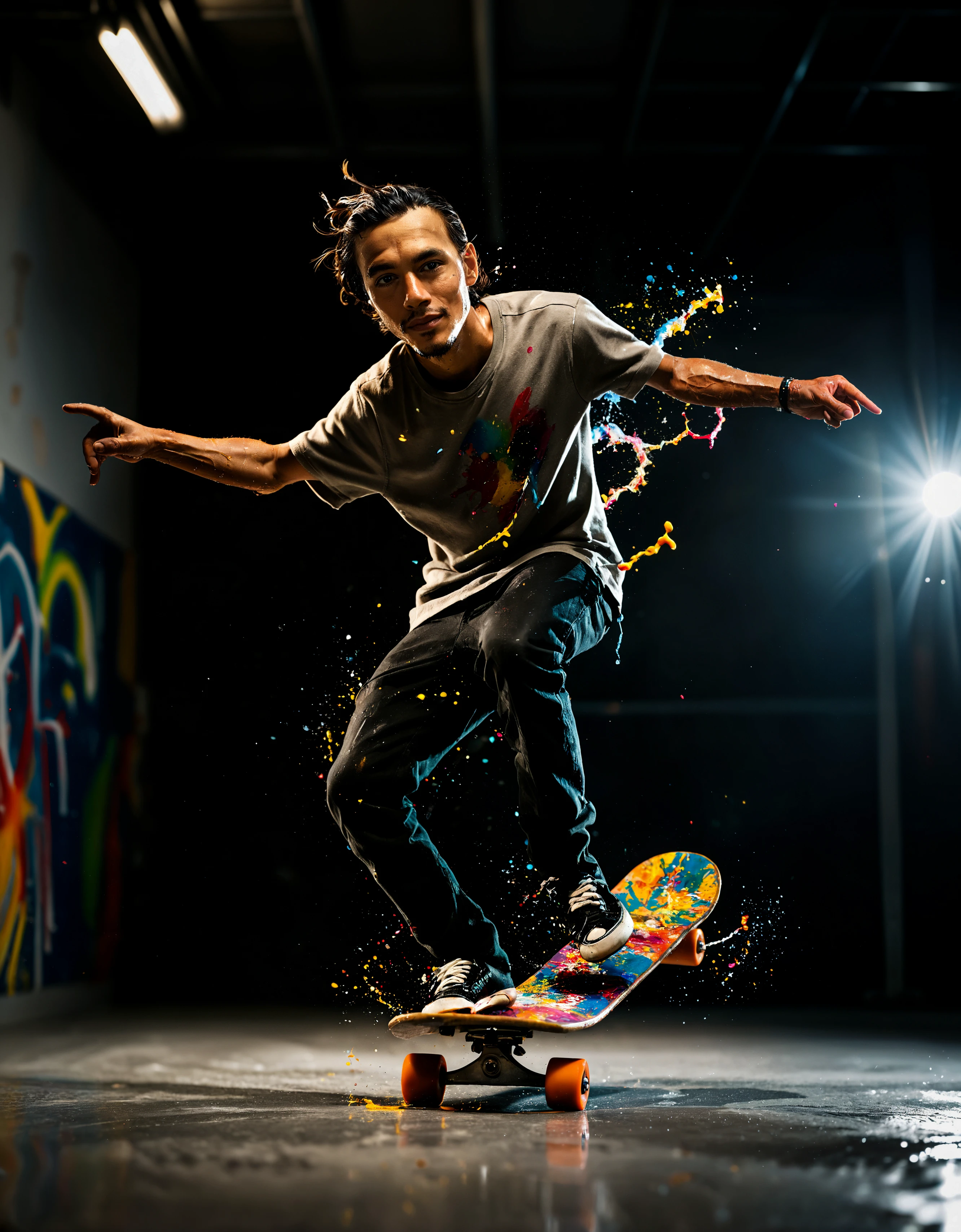 zavy-splsh, glamour shot of a skateboarder in action with paint splashing as they perform a trick as seen from below, skateboard, 100mm f/2.8 macro lens,