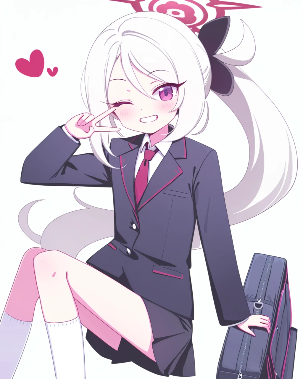 deadnooodles,1girl,solo,smile,halo,socks,one eye closed,long hair,necktie,white background,white hair,white socks,heart,simple background,shirt,white shirt,jacket,very long hair,purple eyes,collared shirt,skirt,looking at viewer,long sleeves,bangs,v,grin,feet out of frame,hair between eyes,kneehighs,mutsuki (blue archive),black skirt,formal,blush,red necktie,suit,black jacket,bag,shorts,parted bangs,hand up,blue jacket,blazer,;d,school uniform,holding,ponytail,