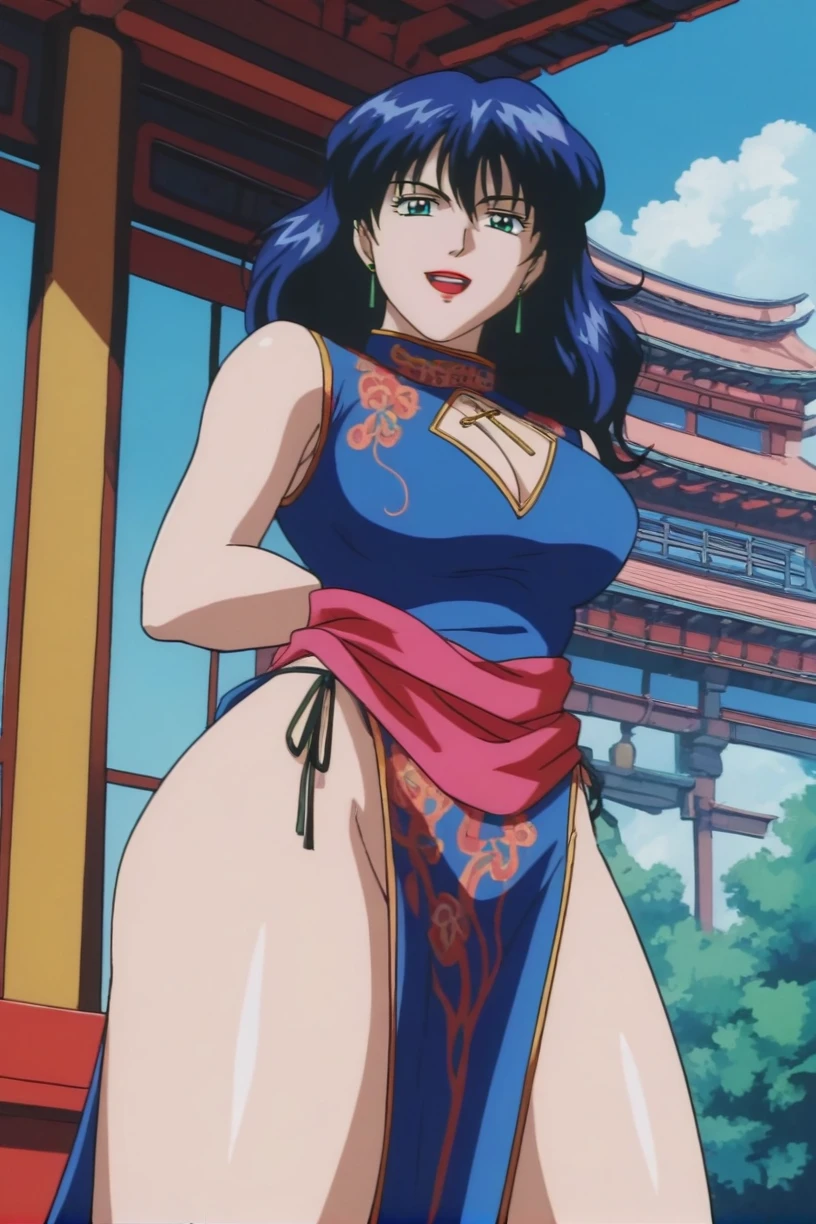best quality,masterpiece,looking at viewer,absurdres,1girl,score_9,score_8_up,score_7_up,source_anime BREAK <lora:022-ä¸åå°å½å®¶-åæ©XLV1:0.8>,retro artstyle,1990s \(style\),shan,green eyes,blue hair,lipstick,makeup,china dress, side slit, high slit, cross-laced slit,absolute field, thighs,east asian architecture,outdoor, sunny, natural light