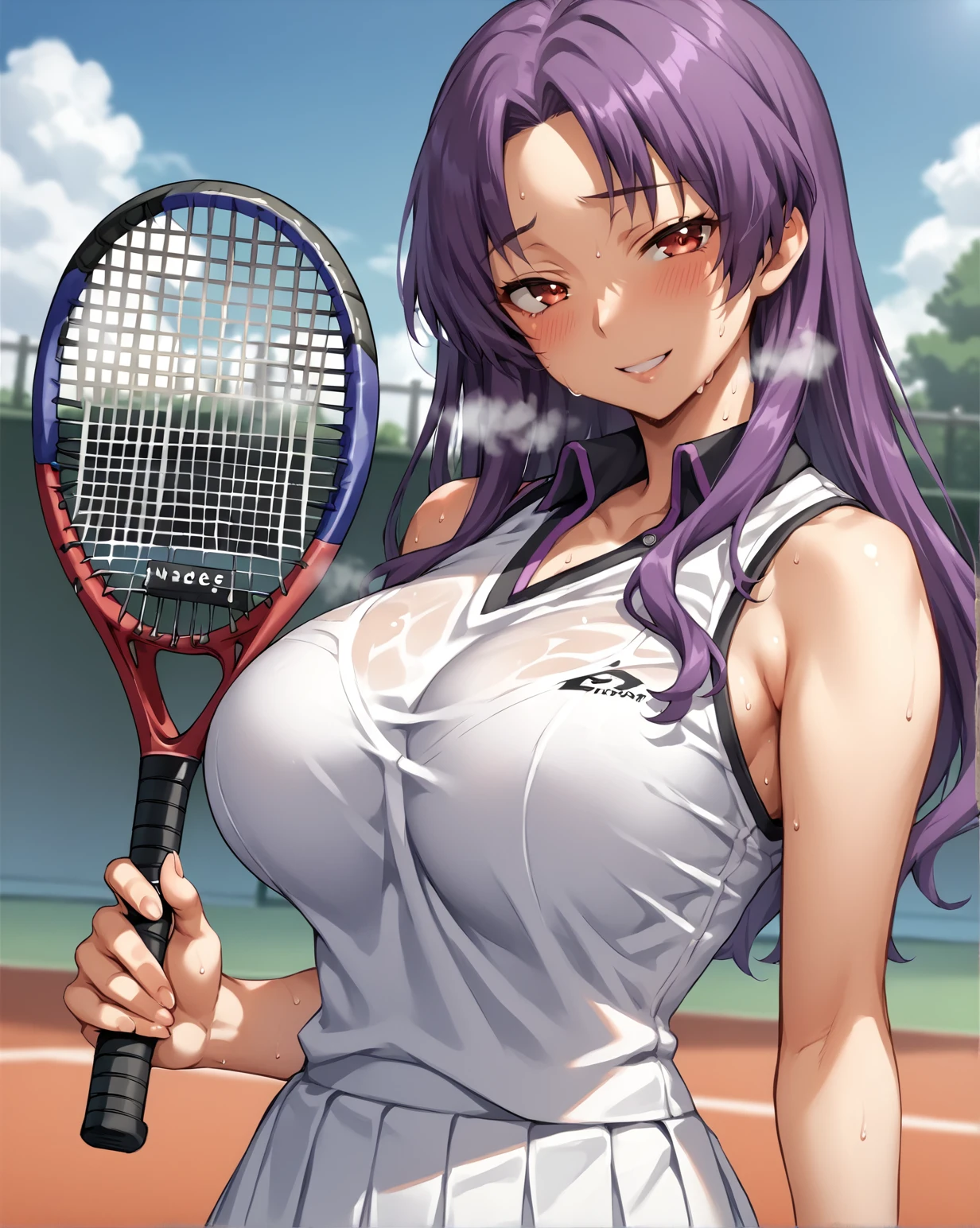 score_9, score_8_up, score_7_up, source_anime BREAK 1girl, solo, upper body, looking at viewer, purple hair, parted bangs, red eyes, large breasts, tennis uniform, bare arms, holding tennis racket, outdoors, smile, blush, 
<lora:Anju_Matsuura_Kutsujoku_for_Pony:0.7>, seductive smile, sweat, heavy breathing, perky breasts, rating_questionable