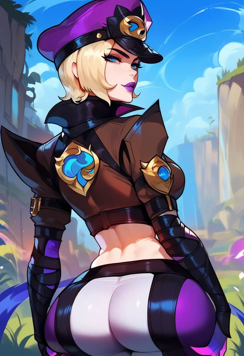 score_9, score_8_up, score_7_up, score_6_up, soul fighter evelynn,1girl, cropped jacket, hat, pants, blue eyes,short hair, blonde hair, purple lips,source_anime, expressive face, speedlines, dynamic movements, ultra-detailed,highres,8k,perfect body,intricate details,depth of field, scenery, back view, view, cowboy shot,