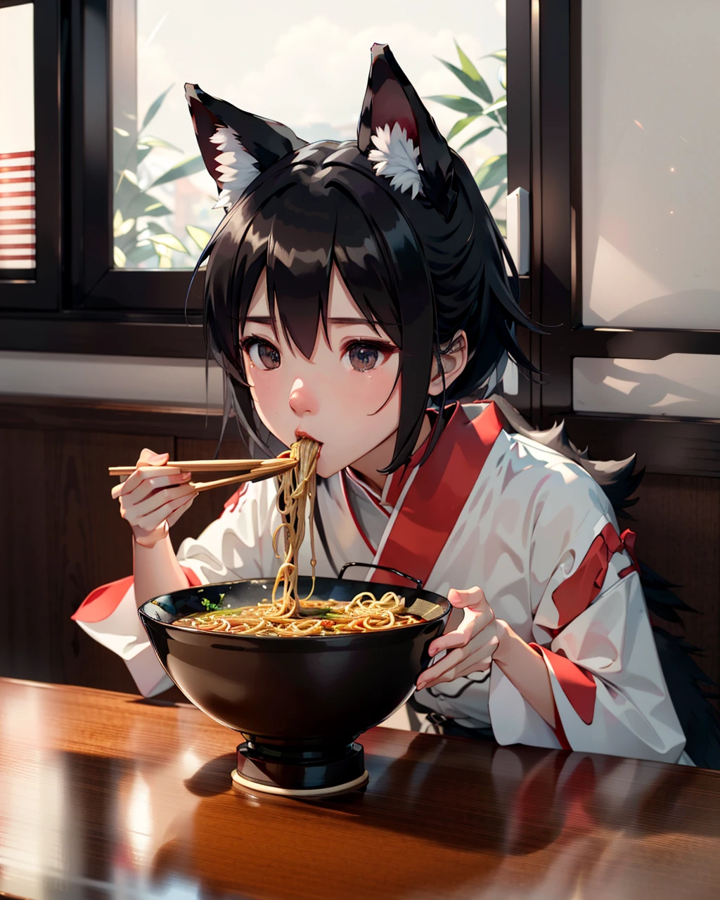 best quality,masterpiece,highly detailed,ultra-detailed, 
 <lora:neg9V2_last:0.7>    <lora:anime-minimalist:1> 
 <lora:eatingramen:1>  åéºµ, eating ramen,  window shade, wooden table,holdng bowl,shoyote-die
animal ears, animal ear fluff,