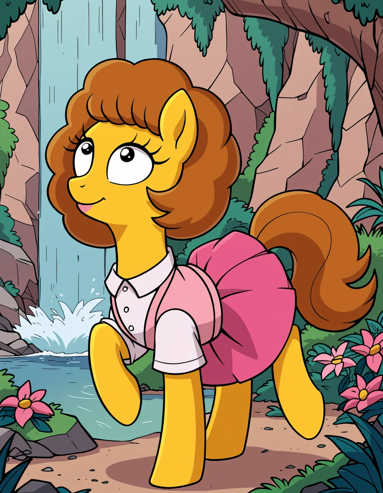 score_9, score_8_up, score_7_up, score_6_up, score_5_up, score_4_up,  
source: illustration,maude,Simpsons, expressive, full body, pony, feral, cute, beautiful,wearing a white blouse and a pink skirt, pretty,at a waterfall, djungle, road,brown hair,brown fur, highly detailed, intricate details, digital art, perfect anatomy, perfect proportions, 4k, (dynamic pose:1.25),