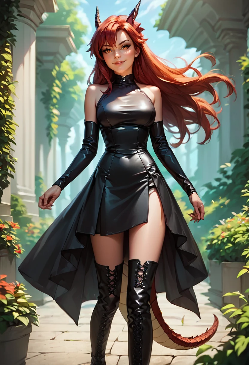 score_9, score_8_up, score_7_up,
rating_safe,
taniabt,dragon tail,
black leather dress, black leather thighboots, black pantyhose,black elbow gloves,
masterpiece,
beautiful eyes,looking at viewer,seductive smile,
outdoors,
detailed background,
<lora:taniabt:0.8>