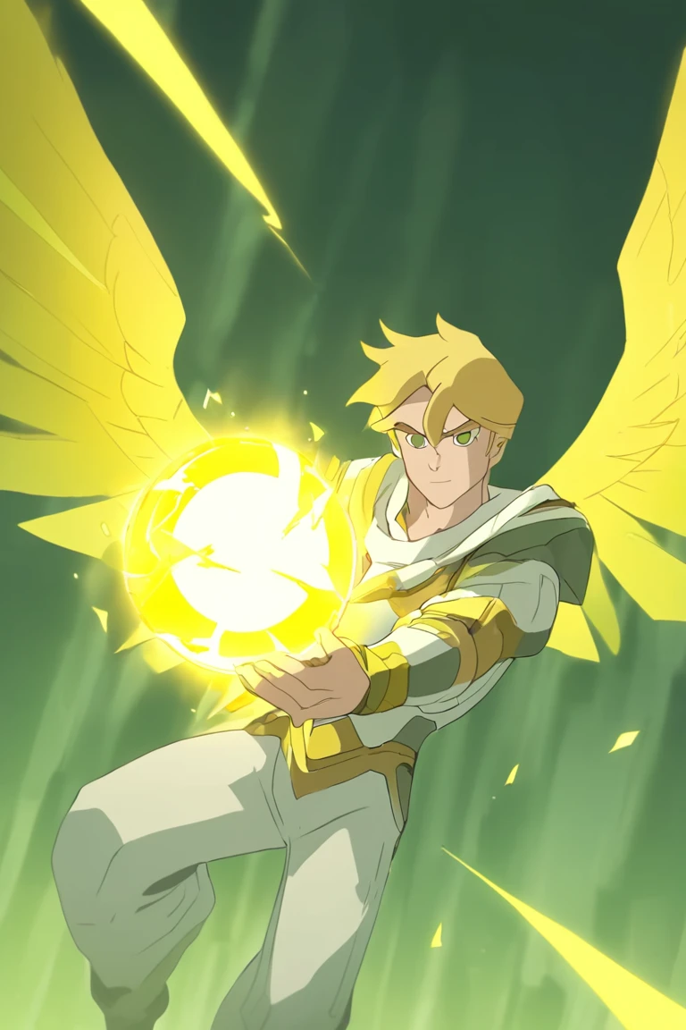 A tall blonde-haired warrior with wings uses yellow lightning power, wears white clothes, and holds the earth in his hand.
,Spec Style<lora:EMS-381670-EMS:1.000000>