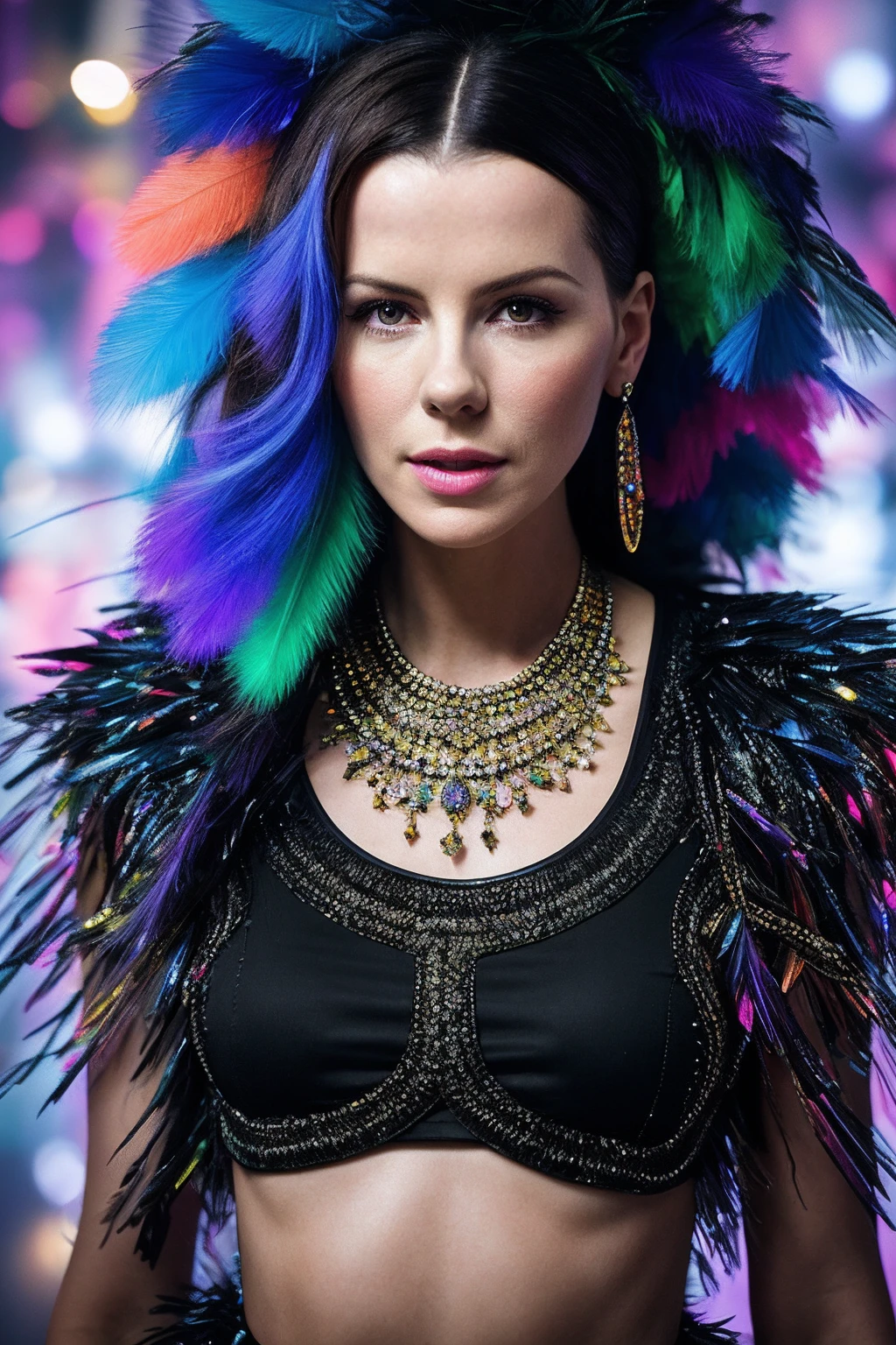 KateB_SoloTI_v1,
(A vibrant kaleidoscope of colors, with a flowing asymmetrical dress adorned with sequins and feathers, for a mesmerizing and captivating visual feast:1.1), ((In a contemporary art gallery, with avant-garde installations and interactive displays, as lights dance and reflections create a world of wonder:1.2)), (seductive), photorealistic, masterpiece, high quality, artistic, unique, award winning photograph, professional, 8k, RAW photo, best quality,flattering, (cinematic:1.3),
<lora:add_detail:0>,<lora:LowRa:0>, PA7_Portrait-MCU,