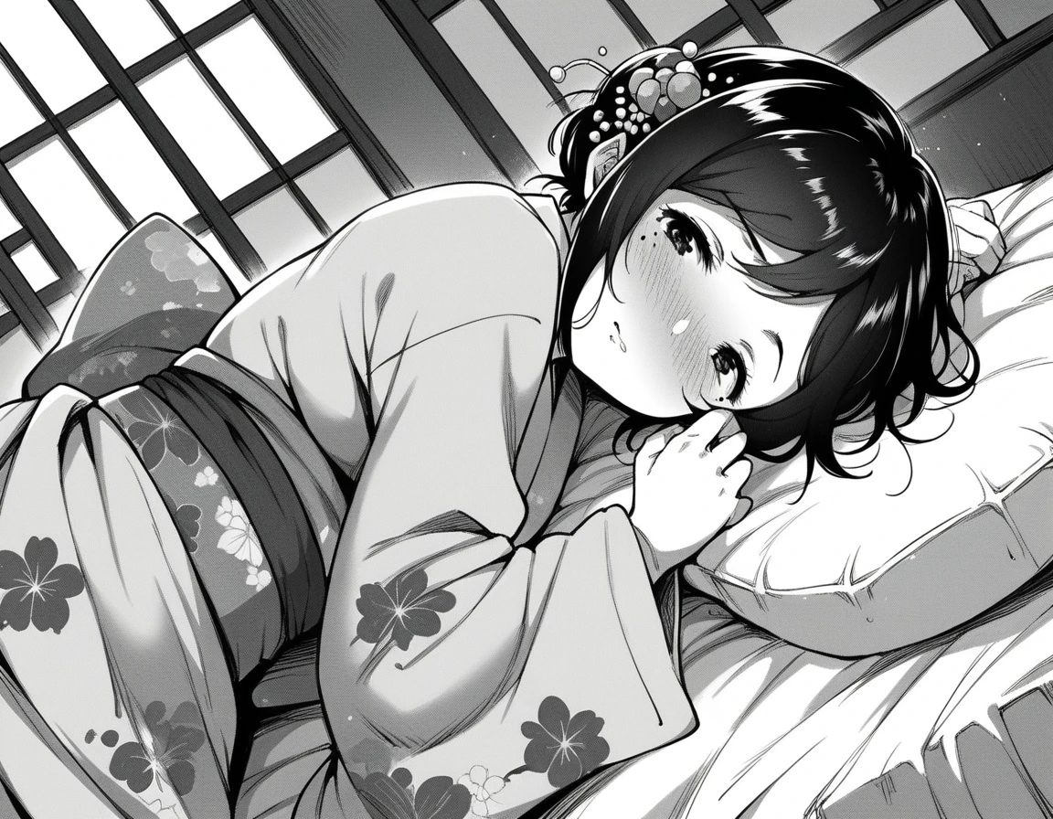 score_9, score_8_up, score_7_up, source_anime,
natsutojun, <lora:jorori-natsu-manga-ponyxl-lora-nochekaiser:1>,
natsu to jun, short hair, bangs, hair ornament, mole, mole under eye, swept bang, monochrome, greyscale,
long sleeves, japanese clothes, kimono, sash, obi, floral print,
indoors, bed, bed room, on side, blush, drunk,
looking at viewer, solo, cowboy shot, dutch angle,