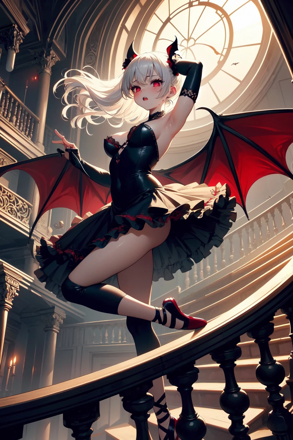 (((masterpiece))), (((best quality))), ((from below)), ((vampire ballet)), ((tiptoe on railings)), ((fist gloves)), (bat wings), glowing eyes, lace leotard, chiffon tutu, scrunchie, night, candle, skylight, spiral stairs, bloody stains, mansion Interior, dark fantasy, tyndall effect, ornate decorative windows, solo, 1girl, white hair, cute, sweat, cleavage, big tits, shy, blush, slim figure, <lora:girllikevampireballet:0.8>
