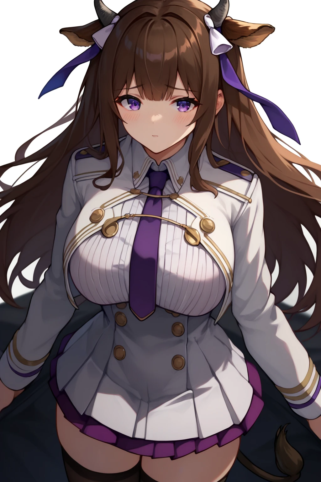 score_9_up,score_8_up,score_7_up,score_6_up,source_anime, KAL, short purple pleated skirt, white military uniform, double-breasted, aiguillette, hair ribbon, 1girl, buttons, blush, looking at viewer, purple eyes, cropped white jacket, black thighhighs, cow horns, long sleeves, purple necktie, zettai ryouiki, cow girl, white simple background, large breasts, cow tail, brown long hair, animal ears, cowboy shot, <lora:KashinoAzurLaneDora-XL-V2:1>