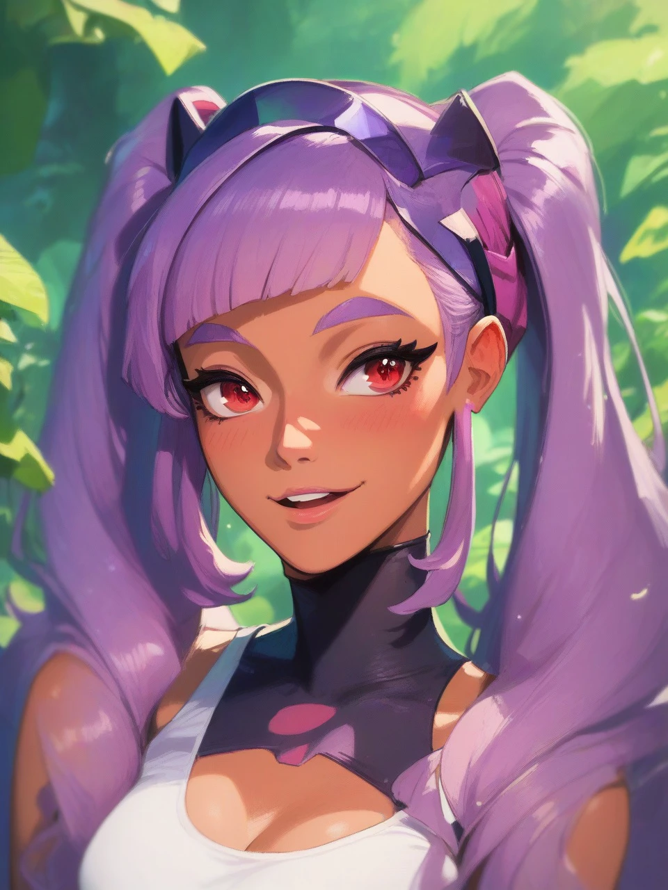 score_9_up, score_8_up, score_7_up, (CSR STYLE,) (masterpiece, perfectly detailed, detailed face, detailed eyes, beautiful eyes,) Entrapta, human, female , purple hair, red eyes, twintails \(hairstyle\), skintight clothing, tan skin