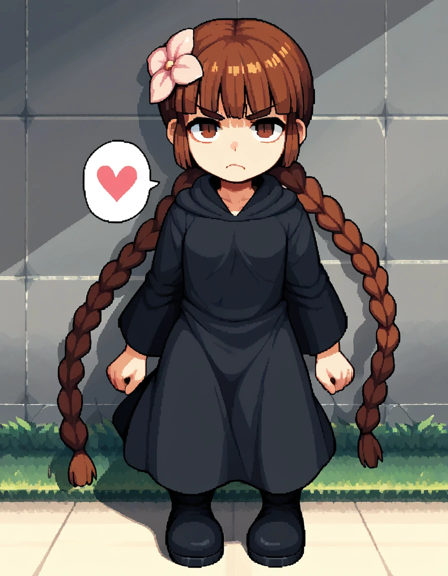 <lora:Grgrkukuri_SDXL_pony_fp16:1>,Grgrkukuri,  blunt bangs,robe, braid, brown eyes, twin braids,brown hair,black robe,boots,hair flower,disgust,spoken heart,pixel art,, score_9, score_8_up, score_7_up, BREAK source_anime, rating_questionable, best quality, masterpiece, uncensored,[pony diffusion V6 is trained by PurpleSmartAI:100]