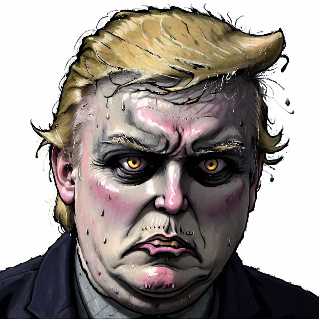 Donald Trump, strong shadows, tired, bags under eyes,  flat colors, angry, <lora:XL_justaworm_v1:1.4>, justaw0rm, ((sweat)), (greasy), solo, portrait, white background, simple background,