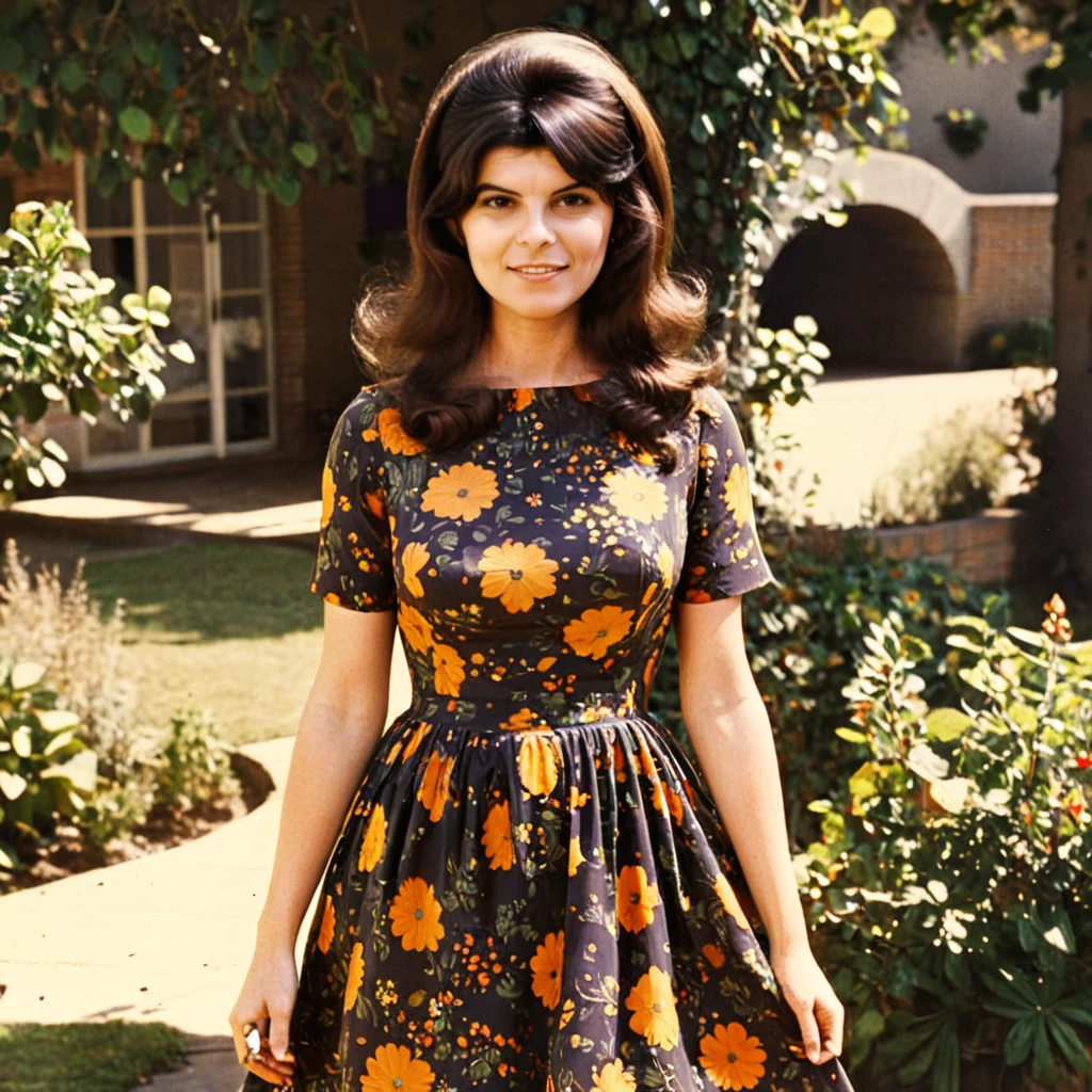 young uaebrabenneirda outside in an 60s dress with long hair <lora:Adrienne Barbeau SDXL-step00001250:1>