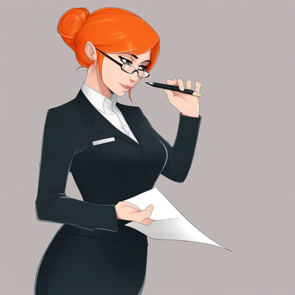 JLM, Secretary outfit, eyeglasses, orange hair, hair in bun, cowboy shot, holding pen and paper,