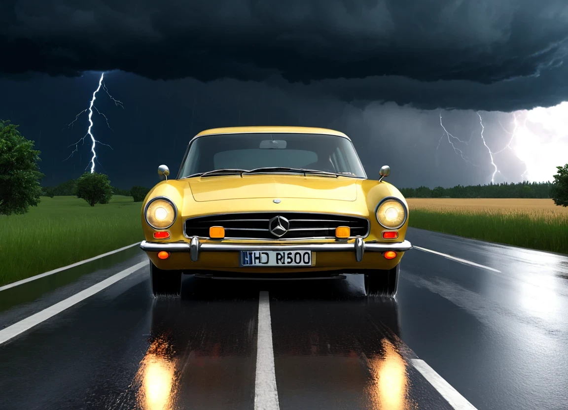Car <lora:general_vehicle:1.0> on a road,
outside, conscious,
nature at background, professional, realistic, high quality,
Thunderstorms with heavy rain,