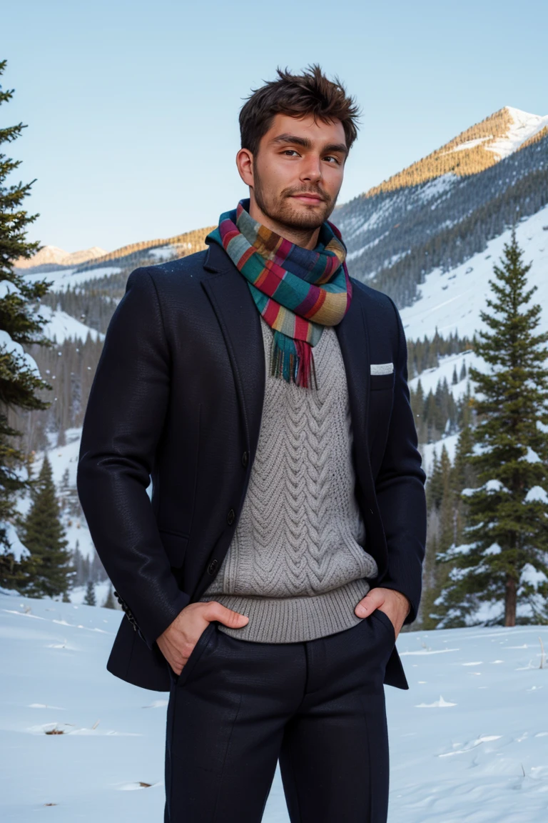 (masterpiece, best quality:1.2), photo of person, man, smirk, standing, thick legs, (depth of field:1.1), , photo of person, ((winter jacket, scarf, sweater, pants,)), hands on hips, cowboy shot, standing, winter, mountain, pinetrees, snowflakes, masterpiece, highness, perfect face, perfect picture, detailed eyes, sharp focus, ,High detailed view<lora:EMS-255755-EMS:1.000000>